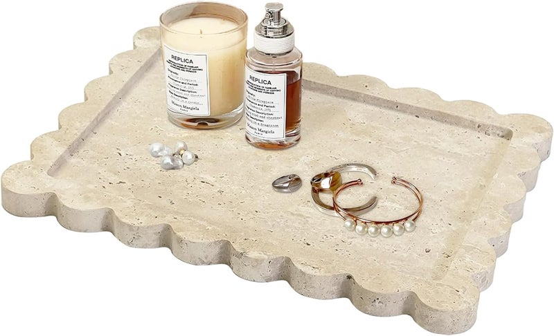 PROLEE Scalloped Marble Tray,Marble Vanity Trays for Bathroom 12" x 9", Scalloped Tray,Wave Appearance Jewelry Home Decor Stone Trays for Kitchen Counter, Bathroom, Beige Travertine - Image 1